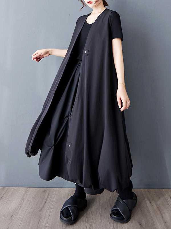 A-Line Loose Buttoned Pleated Pockets Solid Color V-Neck Midi Dresses Vest Outerwear Product Image
