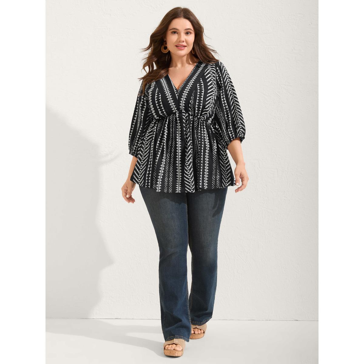 Plus Size Black Bandana Geometric Lantern Sleeve Gathered Blouse Women Boho Elbow-length sleeve V-neck Vacation Blouses BloomChic 30/6X Product Image