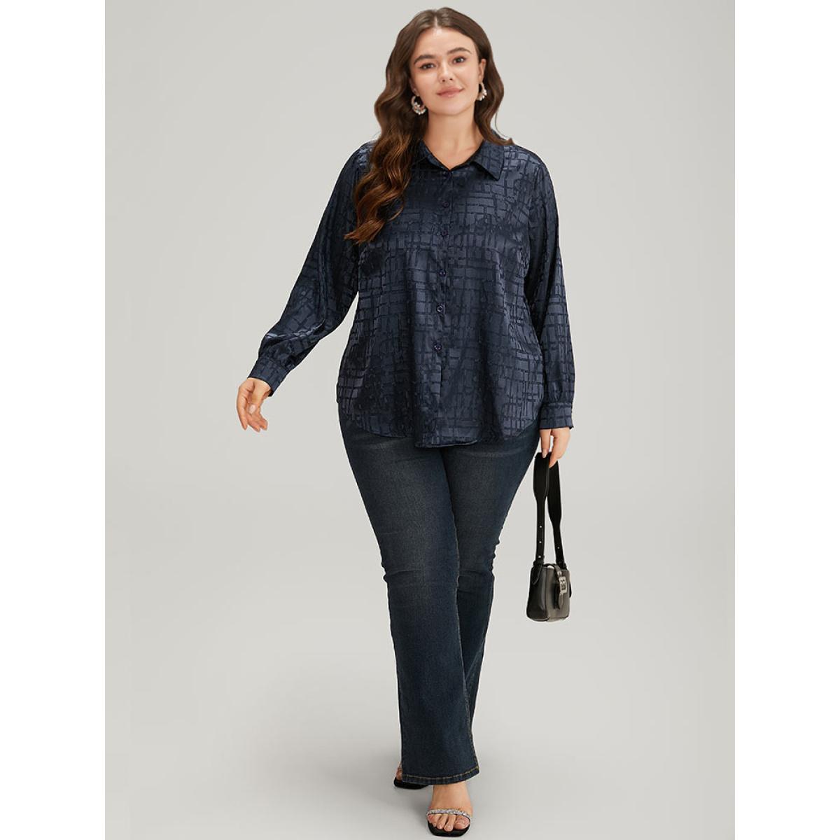 Plus Size Indigo Plisse Satin Button Up Curved Hem Blouse Women Office Long Sleeve Shirt collar Office Blouses BloomChic 30/6X Product Image