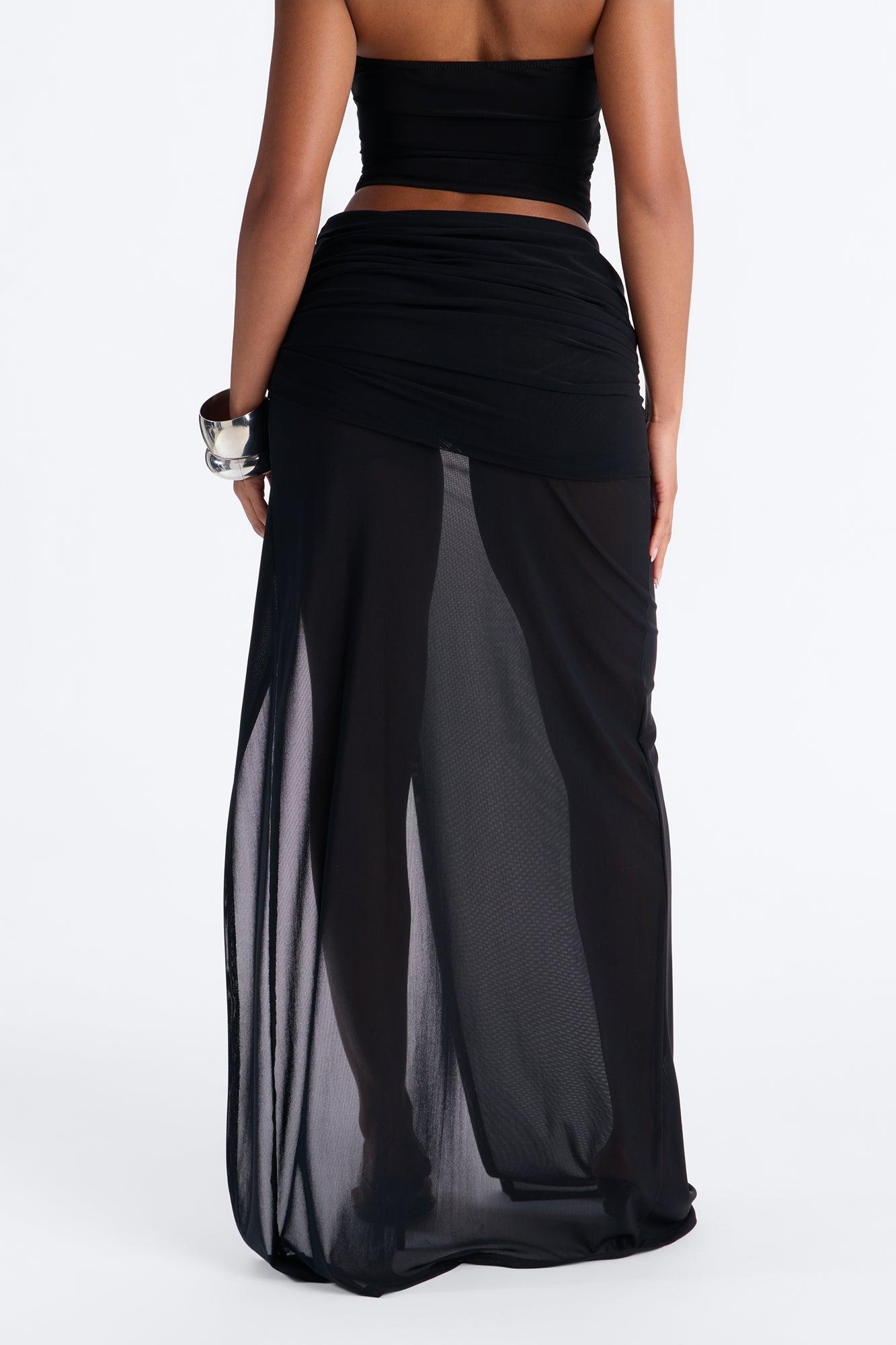 Stolen Moments Ruched Slit Mesh Maxi Skirt - Black Female Product Image