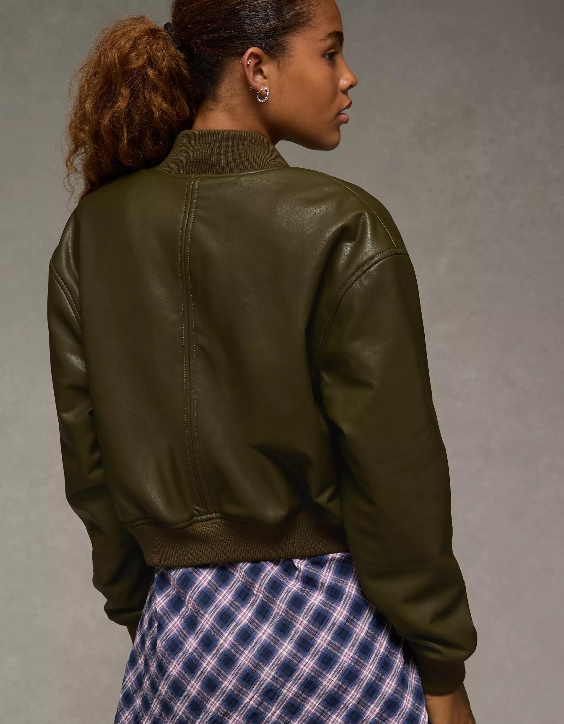 AE Faux Leather Cropped Bomber Jacket Product Image