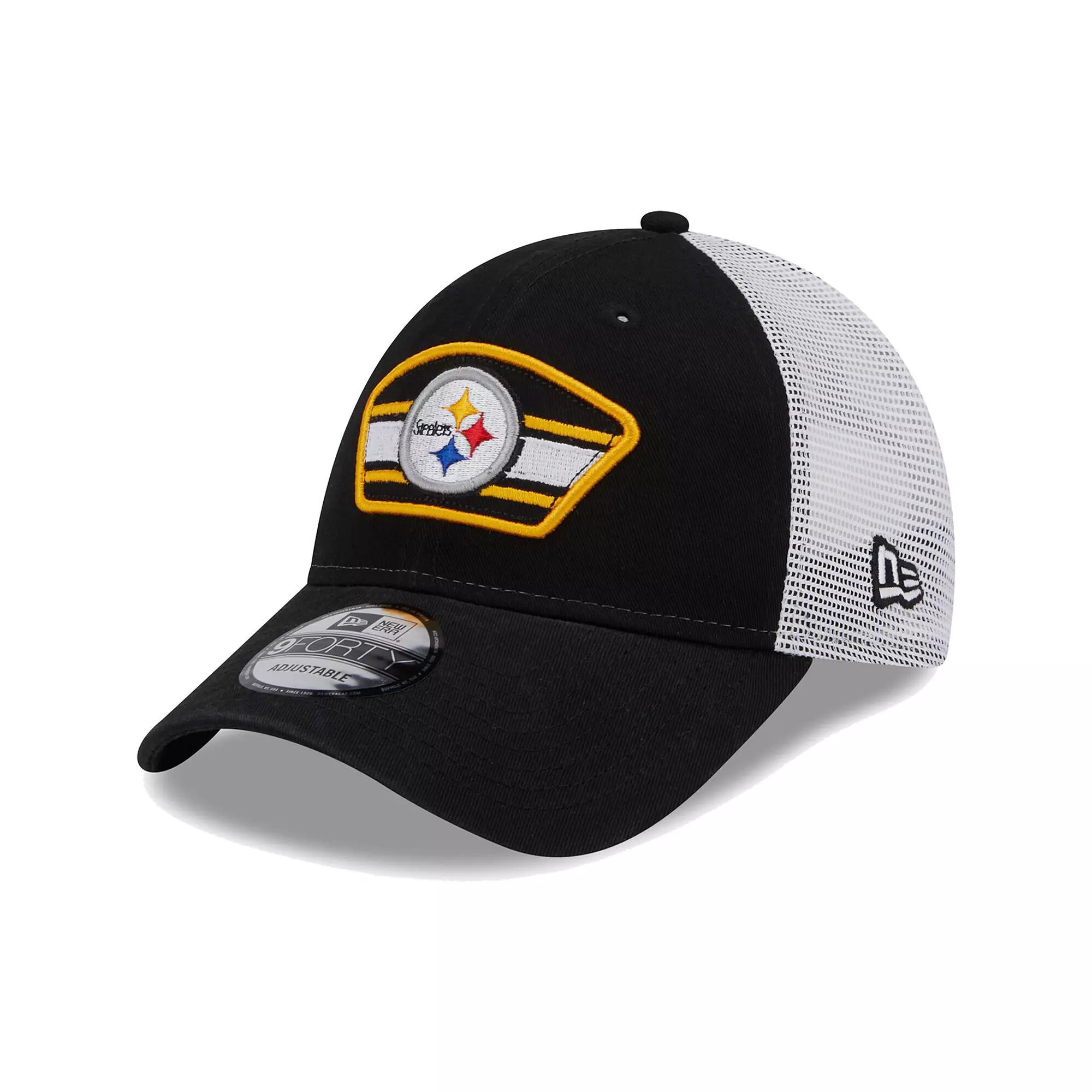 Men's New Era Black/White Pittsburgh Steelers Logo Patch Trucker 9FORTY Snapback Hat Product Image