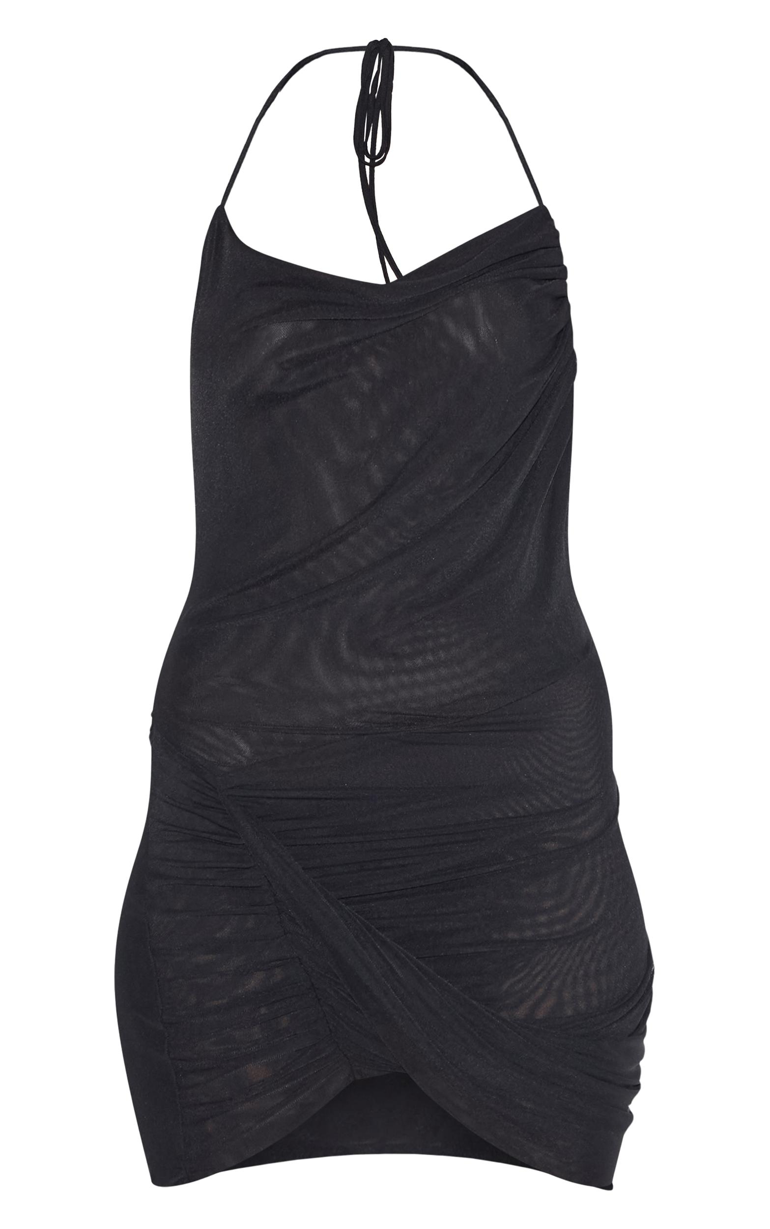 Black Mesh Ruched Halter Neck Mini Dress Product Image