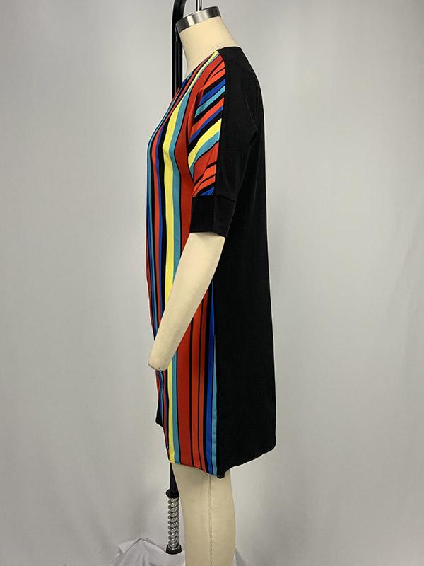 A-Line Half Sleeves Asymmetric Contrast Color Striped Round-Neck Mini Dresses Product Image