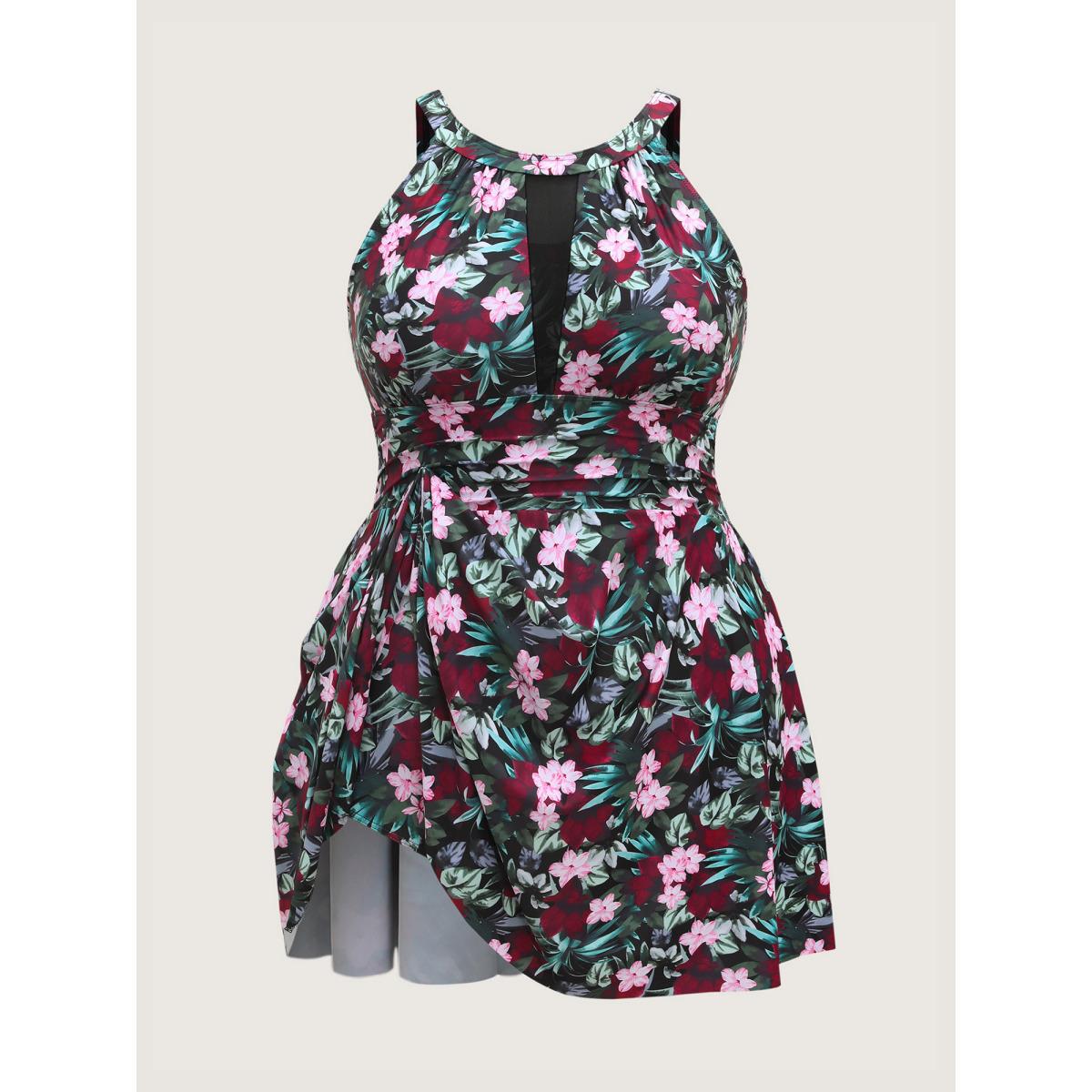 Plus Size Anti-Float Ties Sheer Tropical Swim Dress Women's Swimwear BlackFlower Beach Bodycon Round Neck High stretch Curve Swim Dresses BloomChic 22-24/3X Product Image