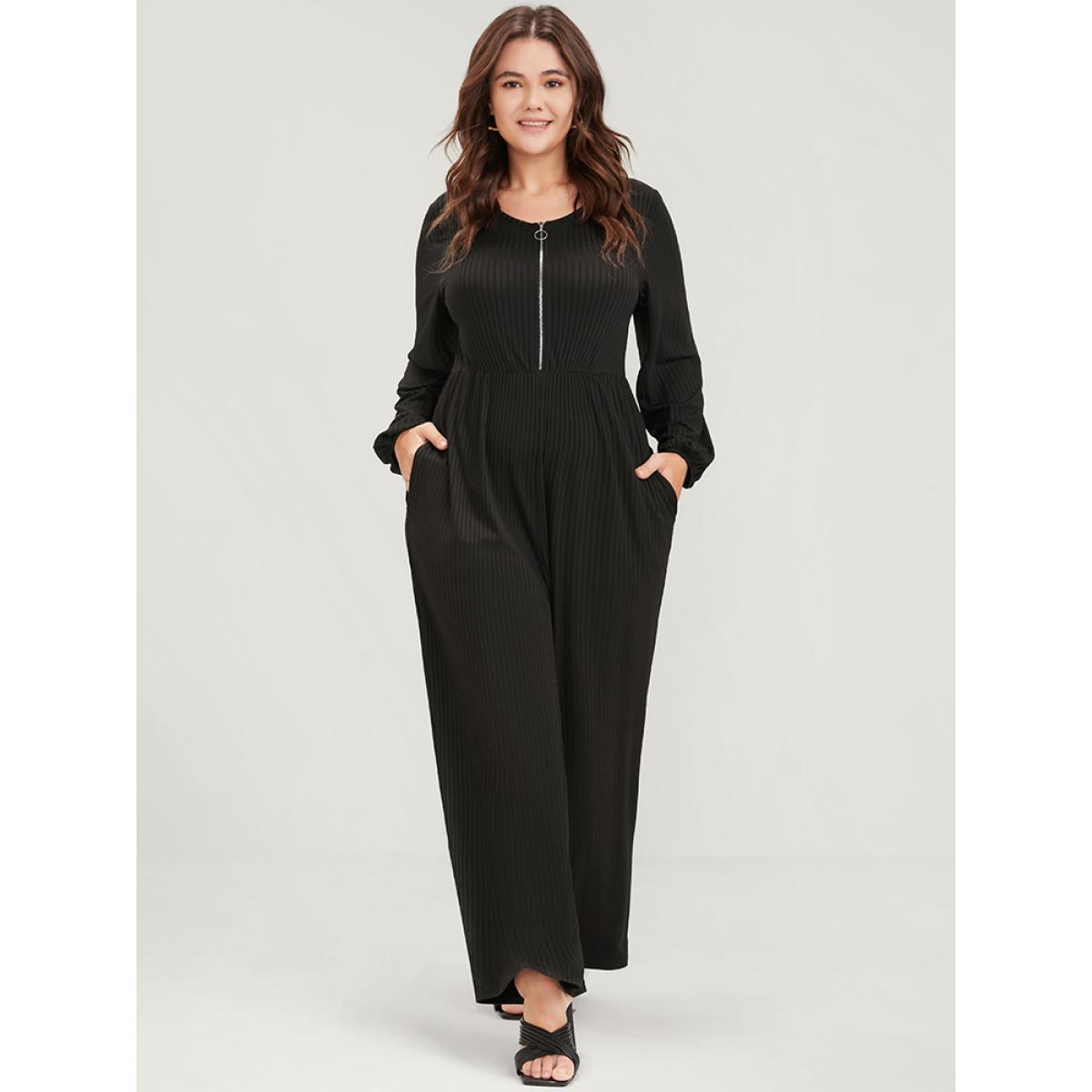 Plus Size Black Plain Zipper Half Lantern Sleeve Pocket Rib Knit Jumpsuit Women Office Long Sleeve Round Neck Work Loose Jumpsuits BloomChic 28/5X Product Image