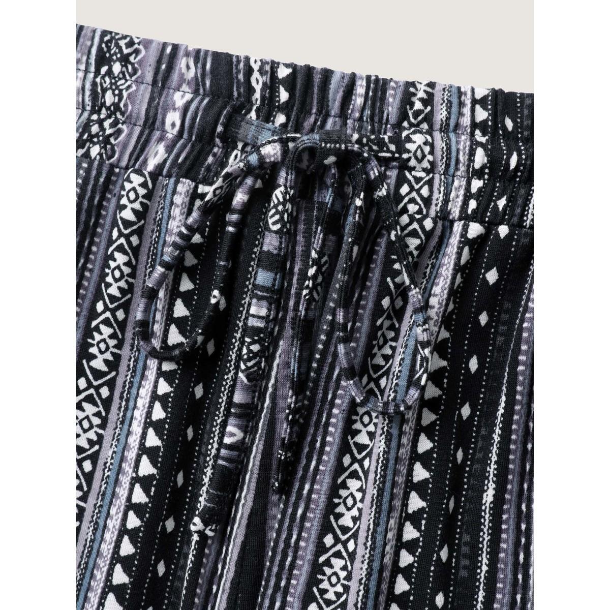 Plus Size Stretchy Boho Stripes Straight-Leg Pants Women Black Leisure Straight Leg Mid Rise Casual Pants BloomChic 18-20/2X Product Image