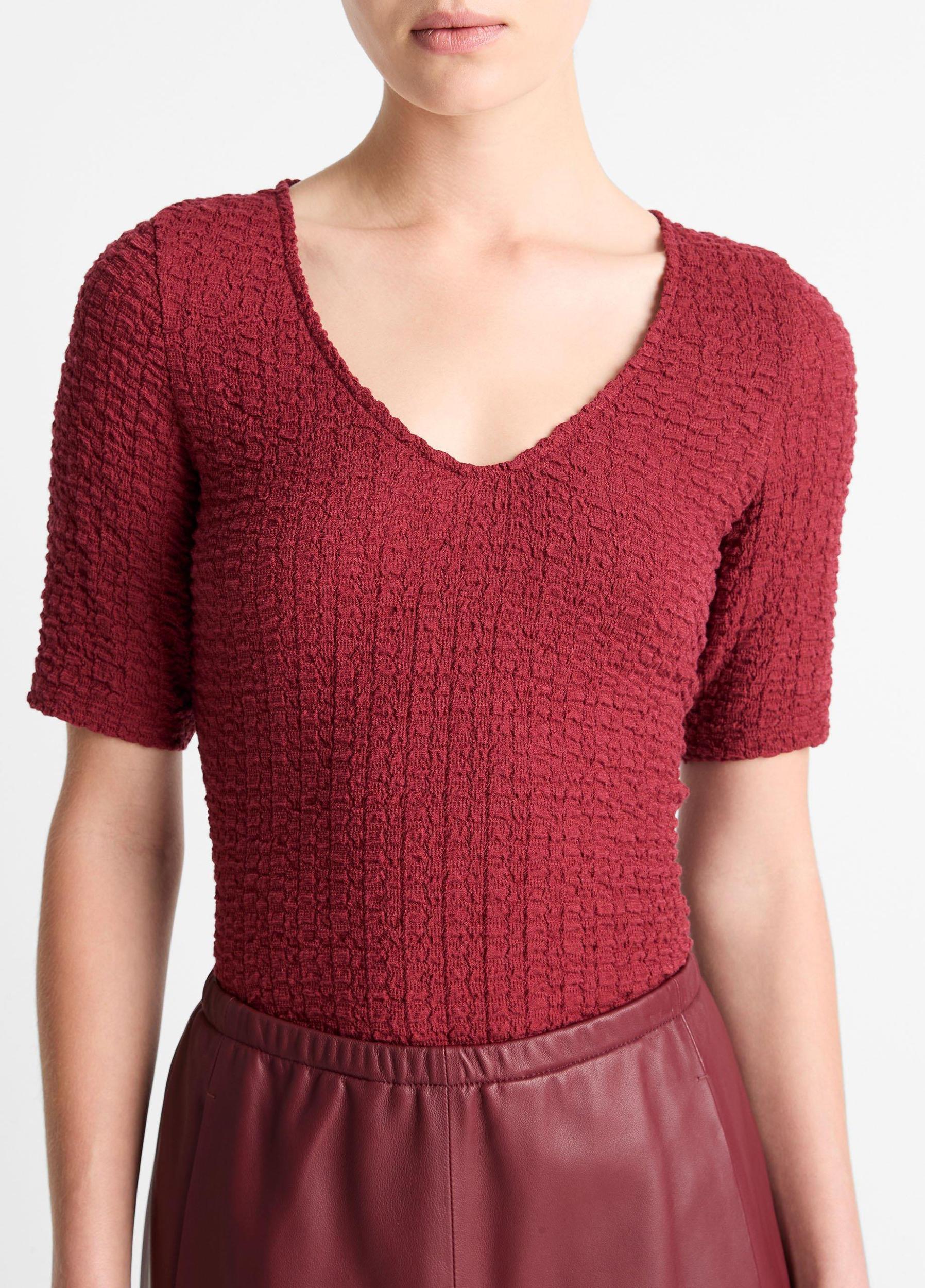 Smocked Elbow-Sleeve V-Neck Top Product Image