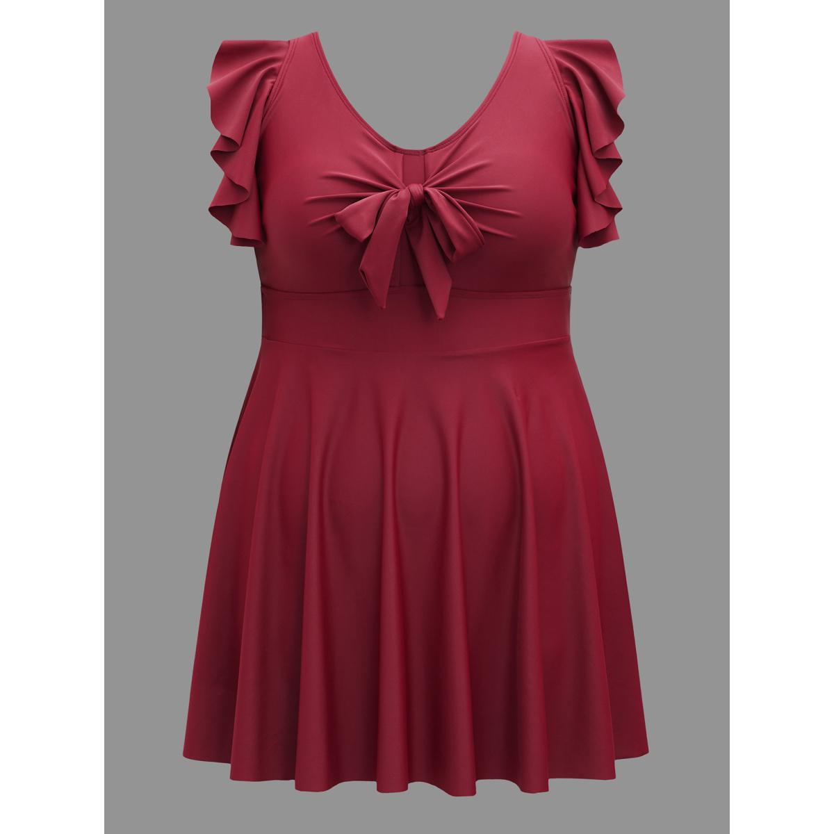 Plus Size Front-Tie Bow Flutter Sleeve Gathered Swim Dress Women's Swimwear Burgundy Beach Bodycon U-neck High stretch Curve Swim Dresses BloomChic 12/L Product Image