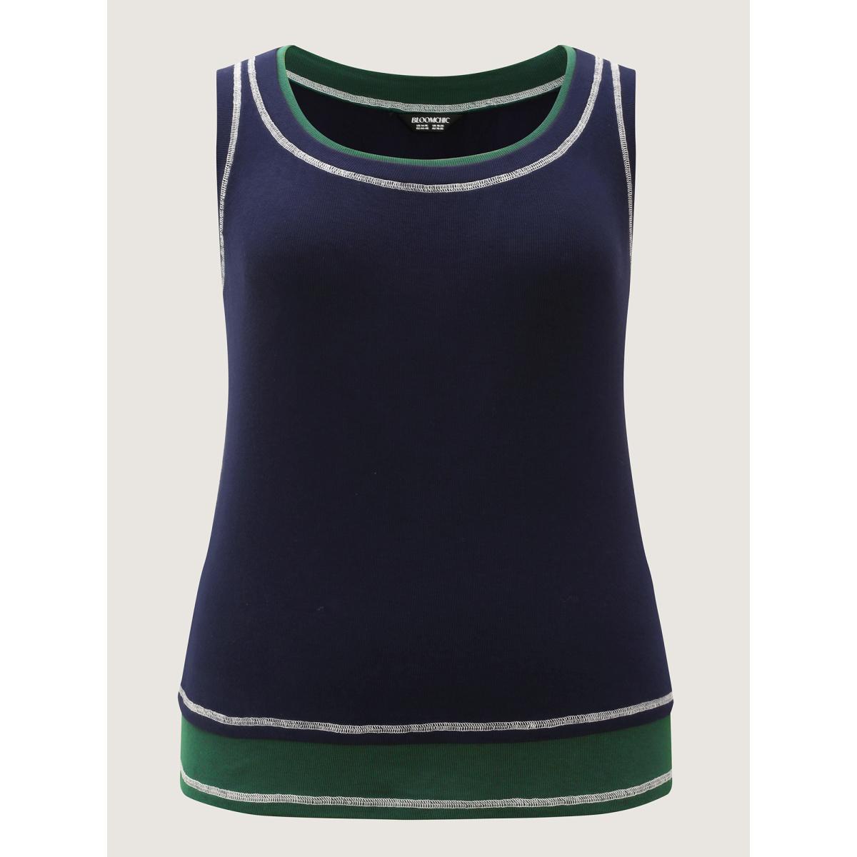 Plus Size Supersoft Scoop Neckline Contrast Tank Top Women DarkBlue Leisure Topstitching U-neck Casual Tank Tops Camis BloomChic 22-24/3X Product Image