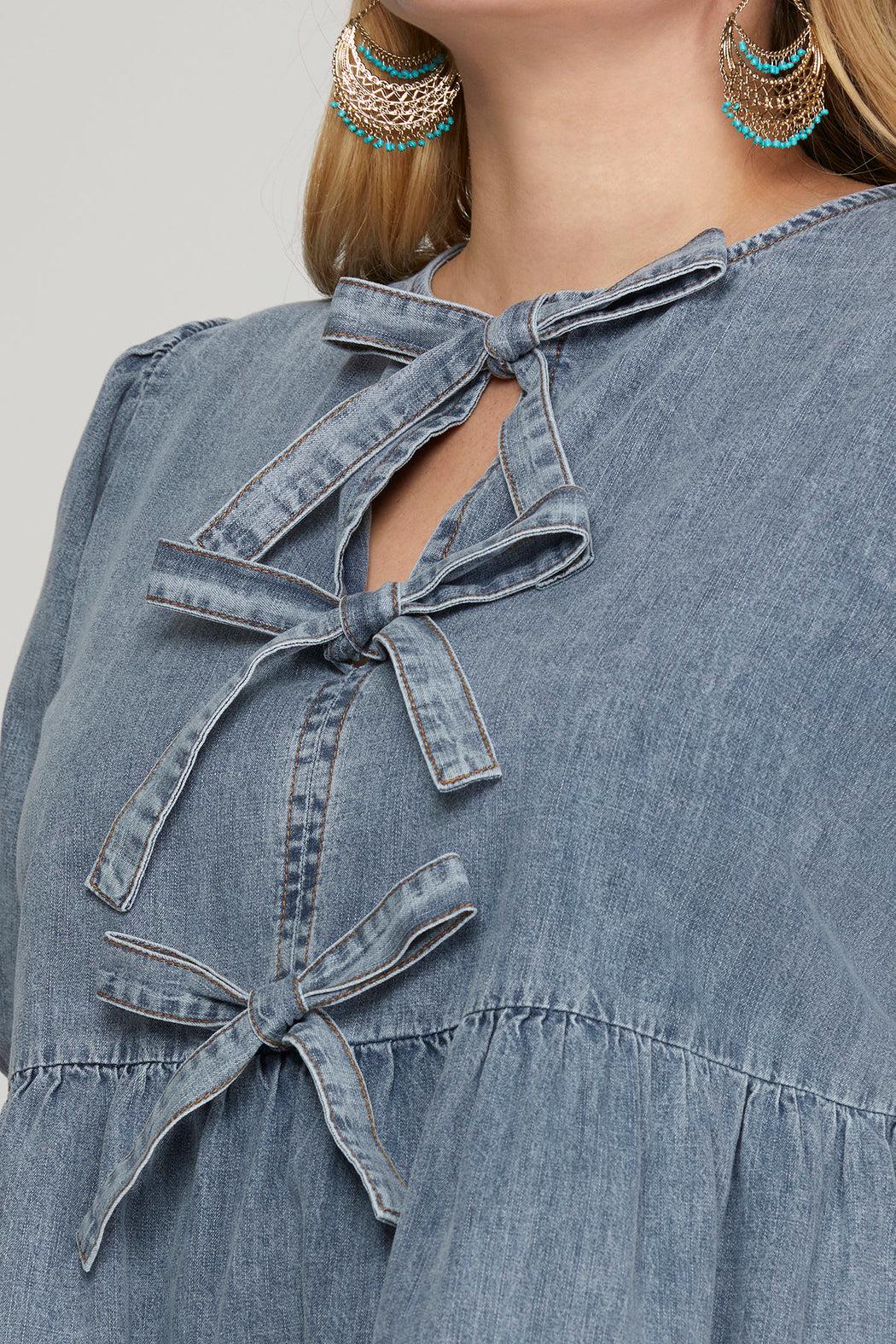 Plus Size Puff Sleeve Denim Blow with Bow Detail Product Image