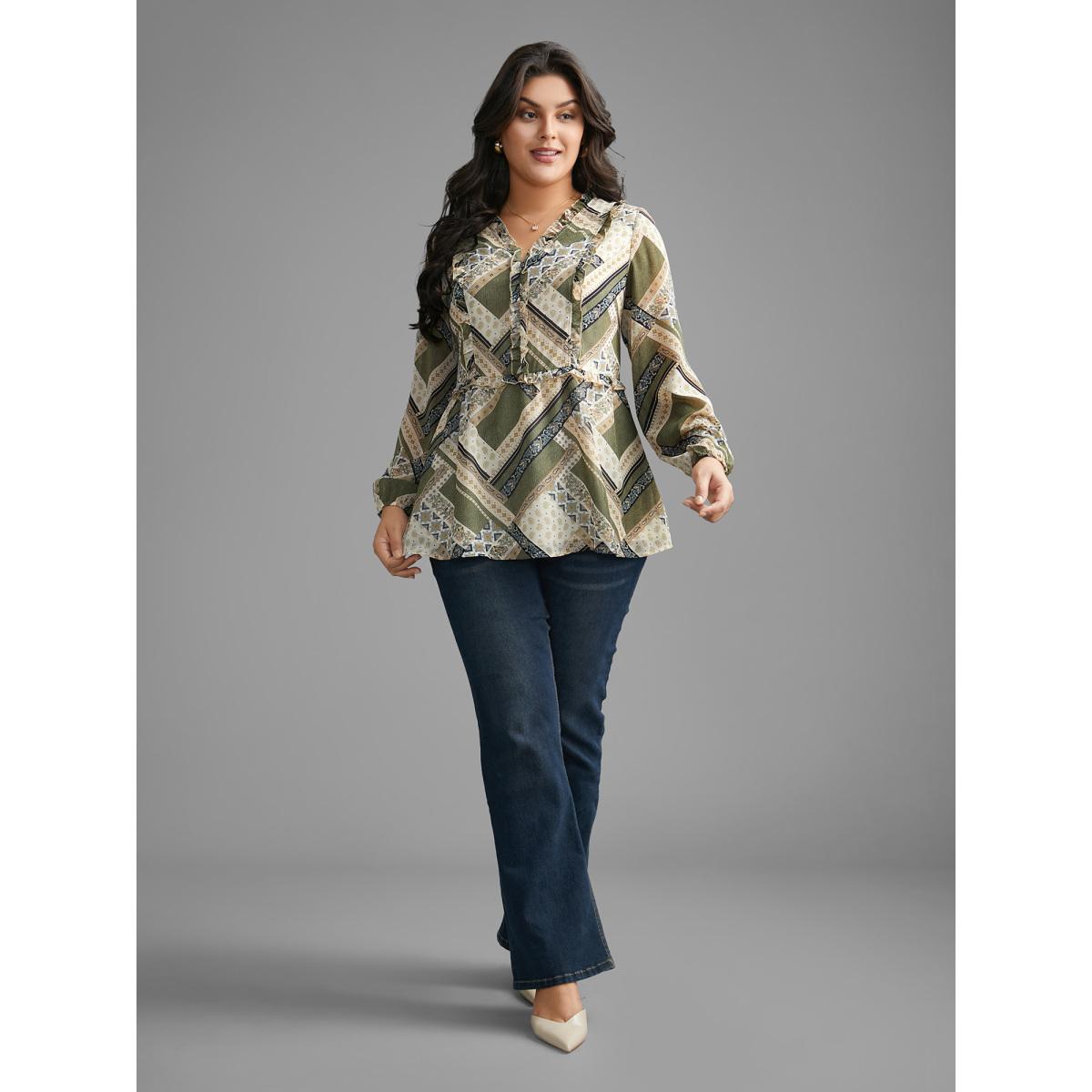 Plus Size Beige Bandana Print V Neck Ruffle Trim Blouse Women Elegant Long Sleeve V-neck Everyday Blouses BloomChic 22-24/3X Product Image