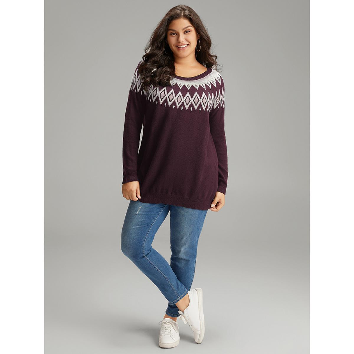 Plus Size Supersoft Essentials Geo Contrast Raglan Sleeve Pullover Eggplant Women Casual Loose Long Sleeve Round Neck Dailywear Pullovers BloomChic 14-16/1X Product Image