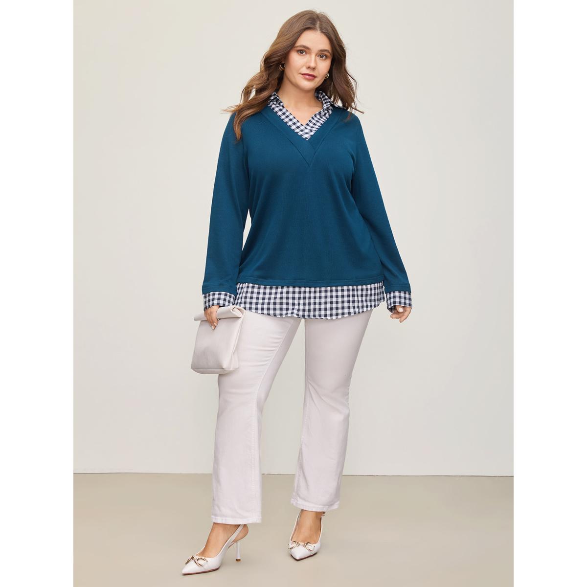 Plus Size Gingham Patchwork Shirt Collar Arc Hem Sweatshirt Women Blue Leisure Patchwork V-neck Casual Sweatshirts BloomChic 14-16/1X Product Image