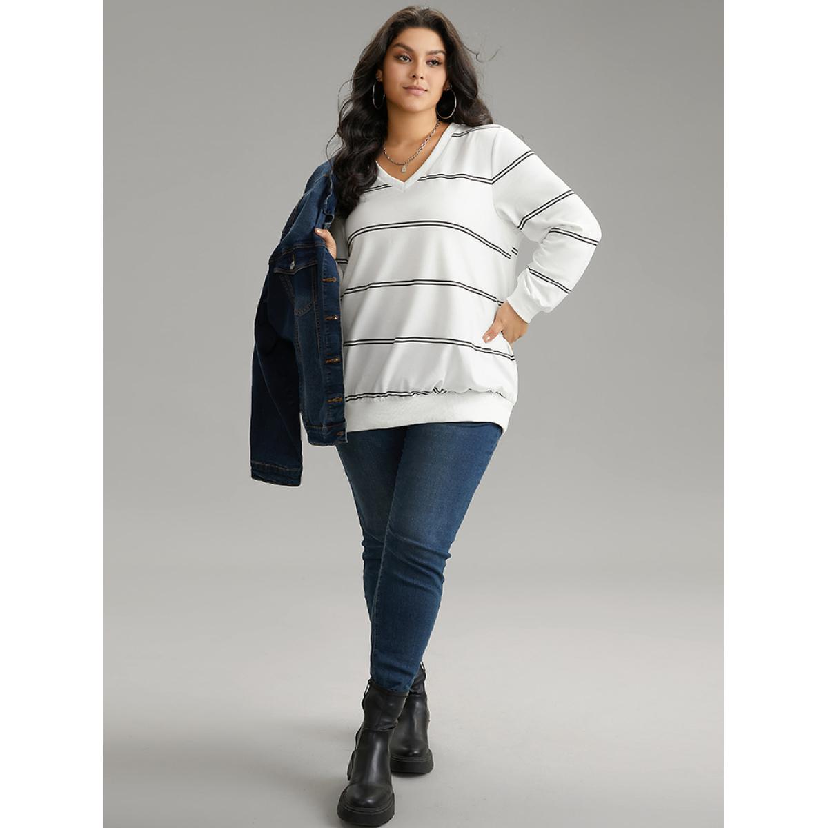 Plus Size Rib Knit Striped V Neck Sweatshirt Women White Casual Rib Knit V-neck Dailywear Sweatshirts BloomChic 14-16/1X Product Image