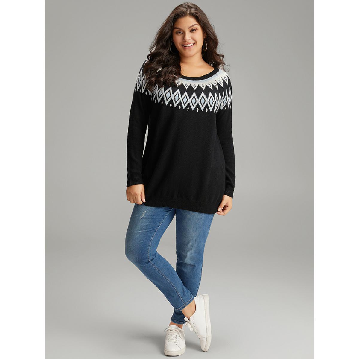 Plus Size Supersoft Essentials Geo Contrast Raglan Sleeve Pullover Black Women Casual Loose Long Sleeve Round Neck Dailywear Pullovers BloomChic 14-16/1X Product Image