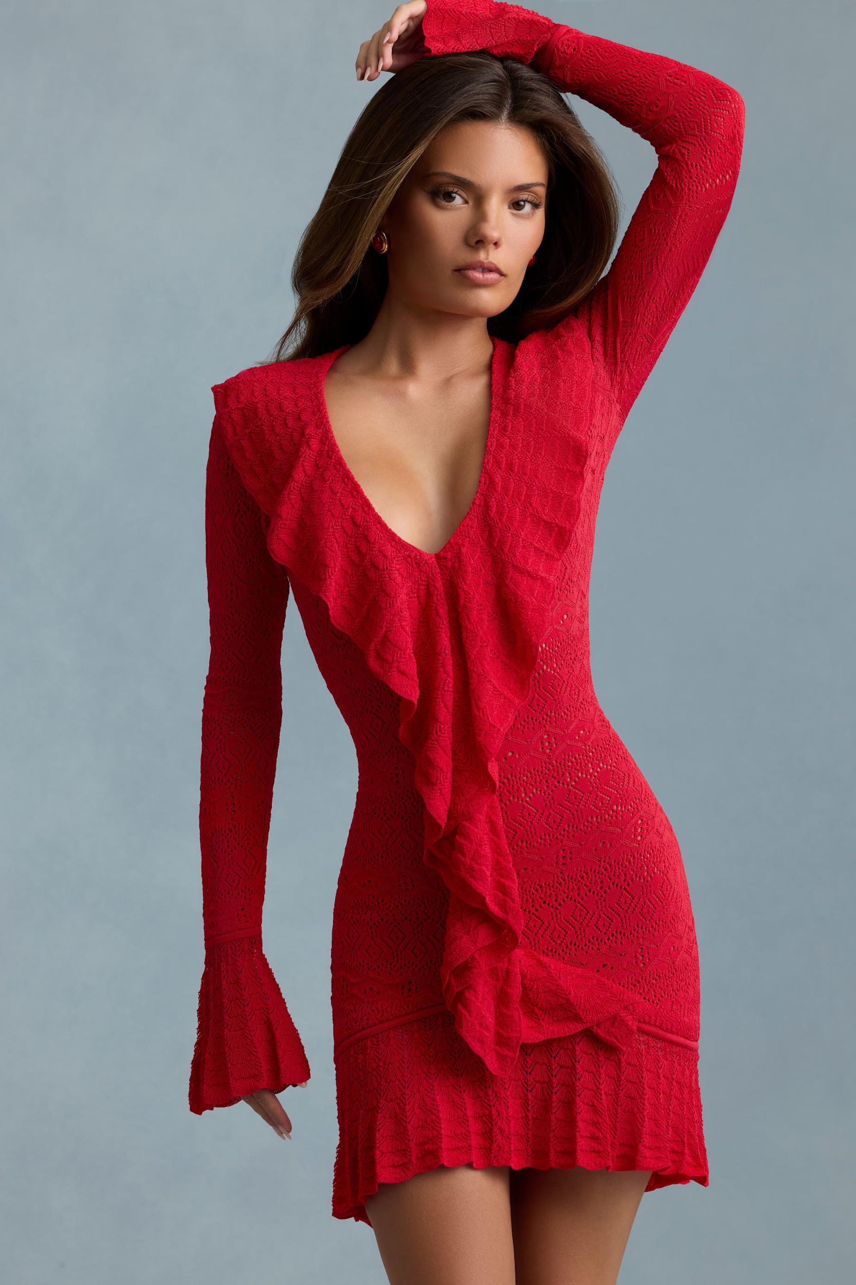 Ruffle-Trim Pointelle-Knit Mini Dress in Scarlet Red Product Image