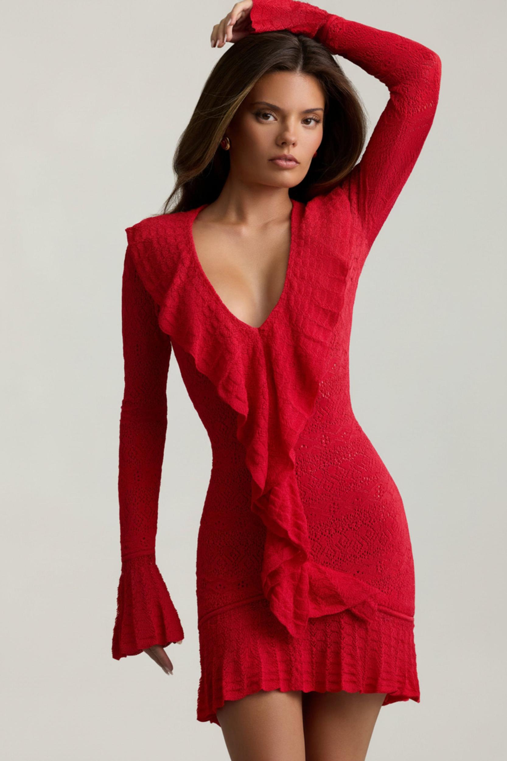 Ruffle-Trim Pointelle-Knit Mini Dress in Scarlet Red Product Image