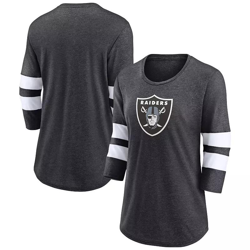 Women's Fanatics Branded Heathered Charcoal Las Vegas Raiders Primary Logo 3/4 Sleeve Scoop Neck T-Shirt,  Product Image