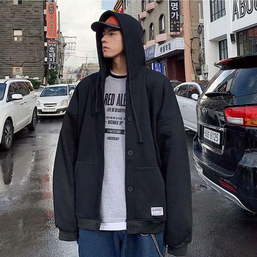 Lettering Applique Drawstring Fleece-Lined Button Hoodie Product Image