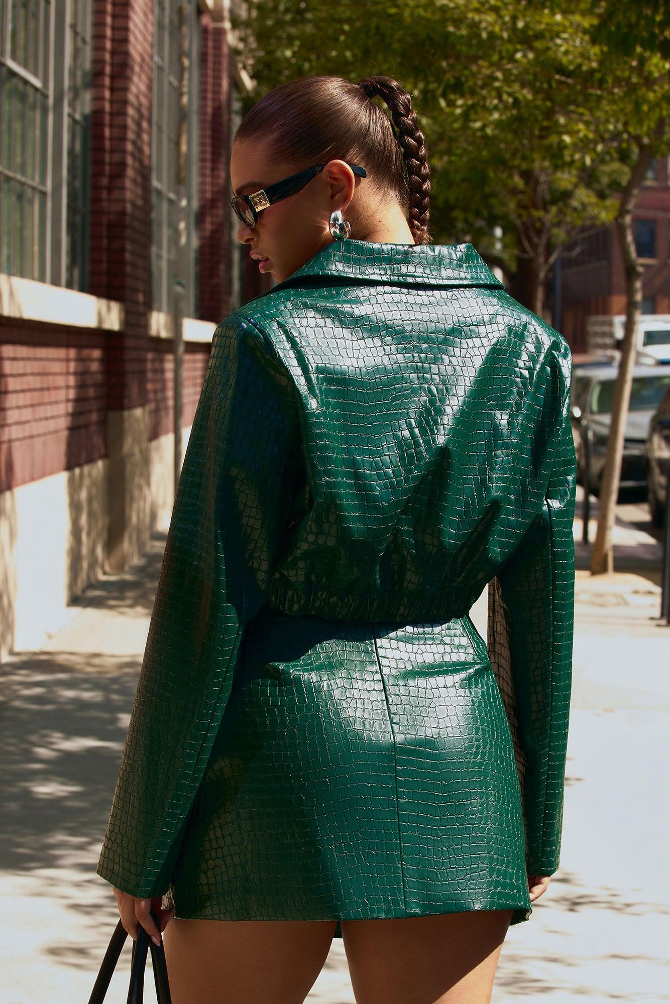 Tara Croc Faux Leather Moto Jacket - Green Female Product Image