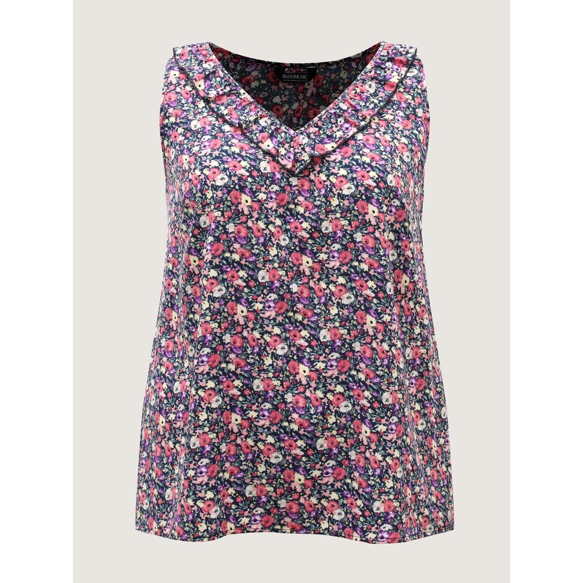 Plus Size Floral Print Lotus Neck Tank Top Women Indigo Timeless Ruffles V-neck Elegant Tank Tops Camis BloomChic 14-16/1X Product Image