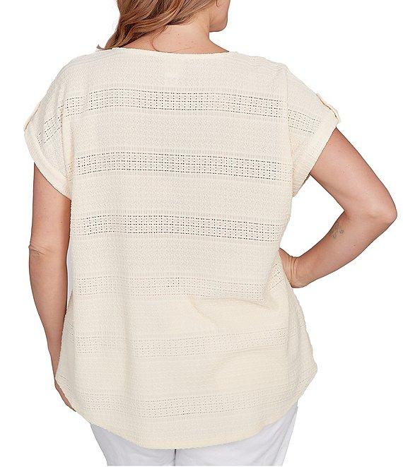 Ruby Rd. Plus Size Crochet Knit Boat Neck Short Button Tab Sleeve Top Product Image