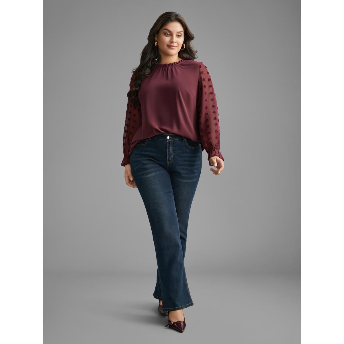 Plus Size Deepred Texture Ruffles Patchwork Gathered Blouse Women Elegant Long Sleeve Stand-up collar Everyday Blouses BloomChic 28/5X Product Image