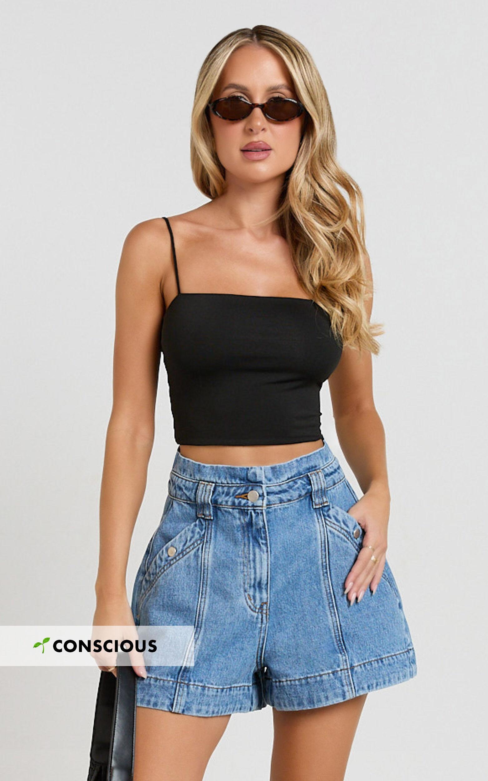 Kayla Shorts - High Waisted A Line Denim Shorts in Mid Blue Wash Product Image