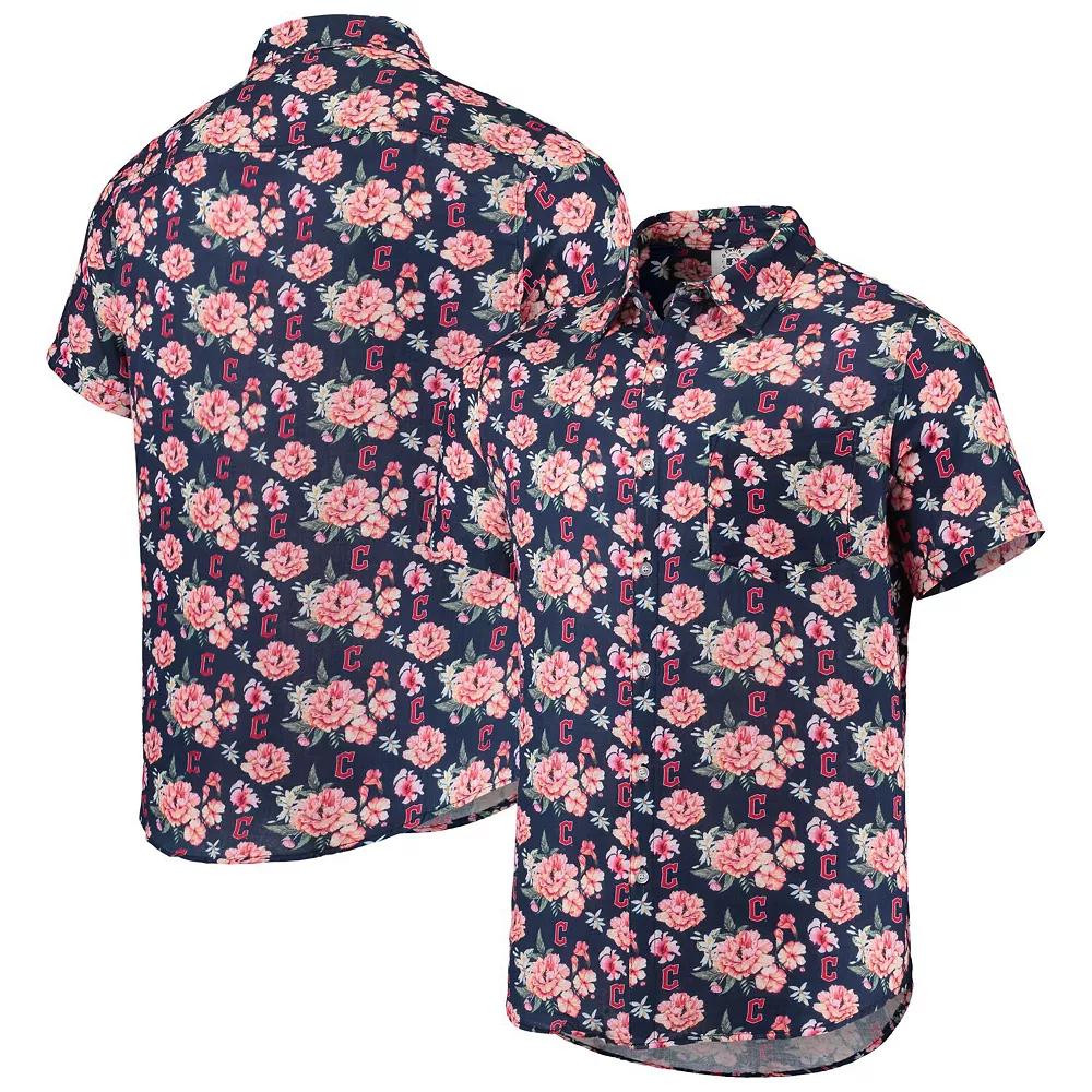 Men's FOCO Navy Cleveland Guardians Floral Linen Button-Up Shirt, Size: Small, Grd Blue Product Image