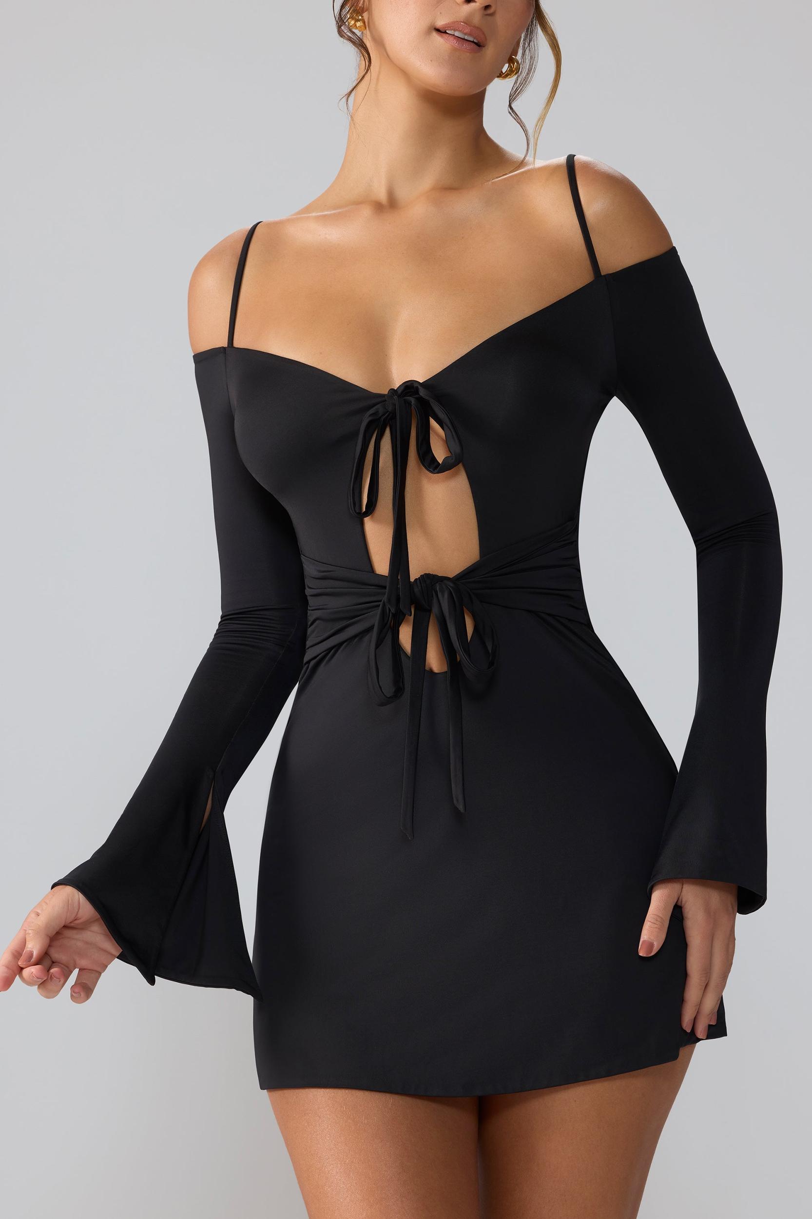 Slinky Jersey Long Sleeve Cut Out Mini Dress in Black Product Image