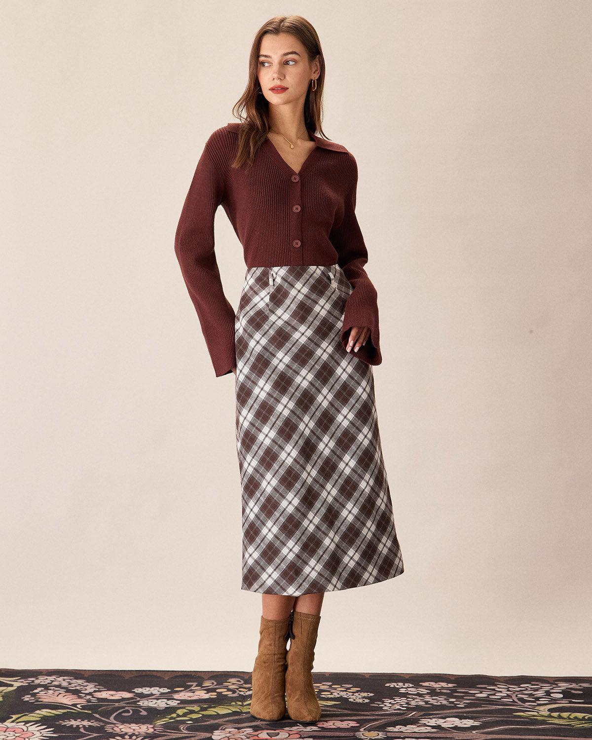 Brown Plaid Slit Satin Midi Skirt Product Image
