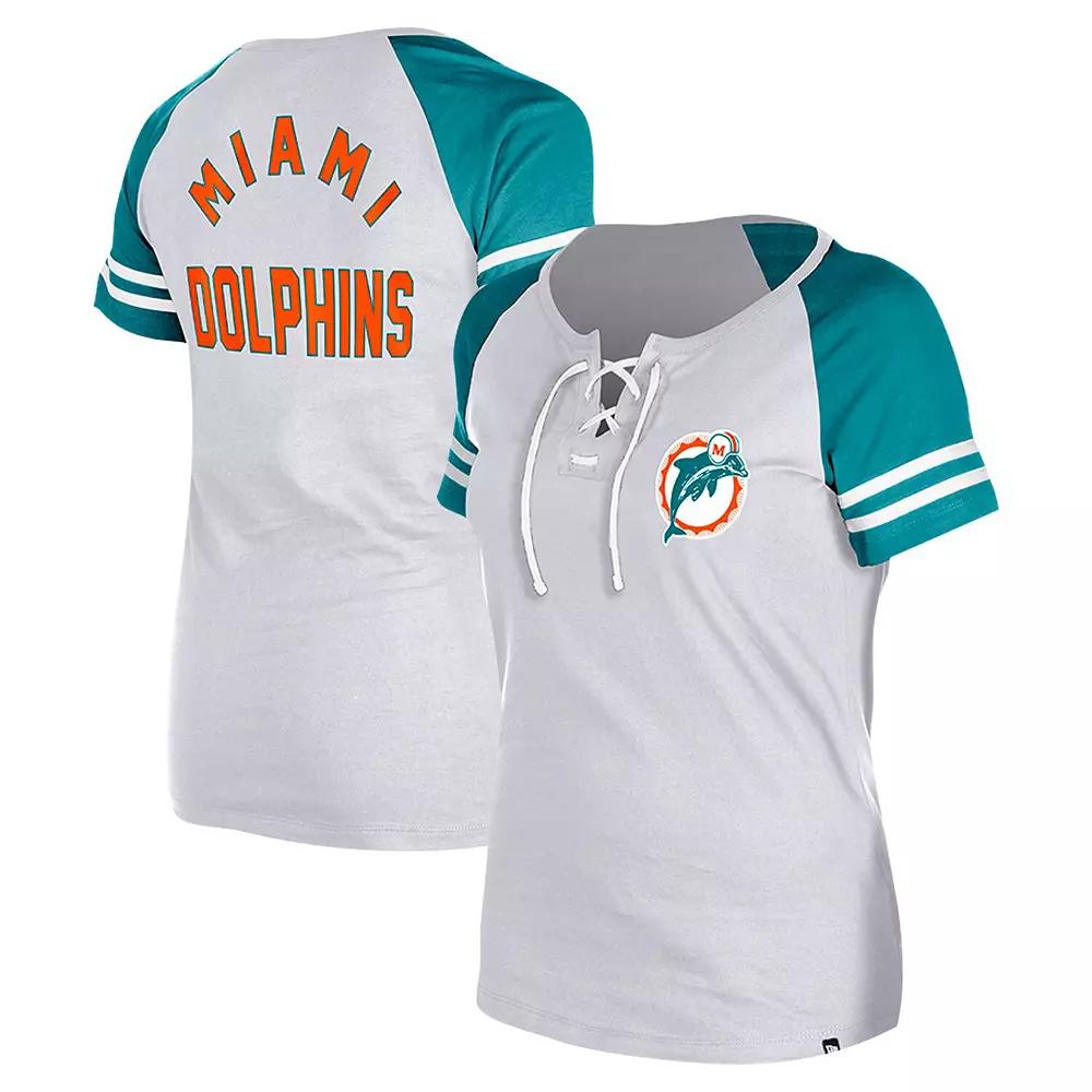 Women's New Era Gray Miami Dolphins Throwback Lace-Up Raglan T-Shirt, Size: XL, Grey Product Image
