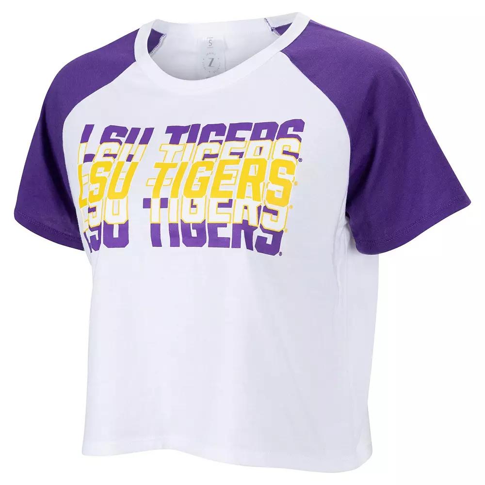 Women's ZooZatz White LSU Tigers Colorblock Repeat Raglan Cropped T-Shirt,  Product Image