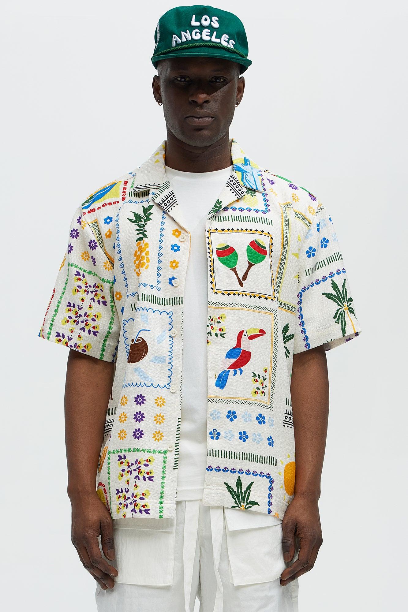 Abstract Linen Like Button Up Shirt - Off White/combo Product Image