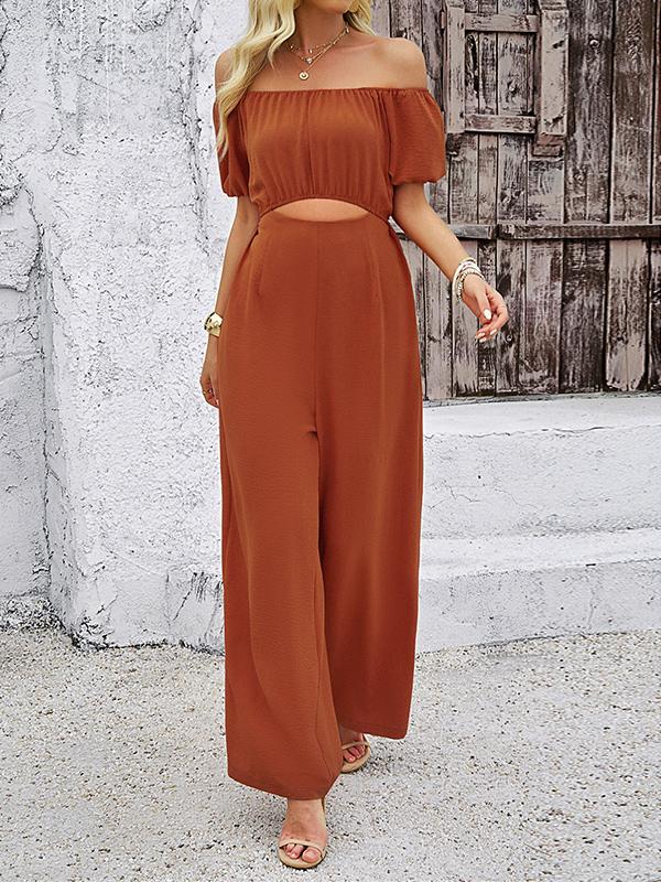 High Waisted Loose Elasticity Hollow Solid Color Tied Waist Off-The-Shoulder Jumpsuits Product Image