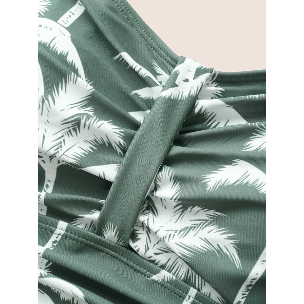Plus Size Tropical Coconut Tree Ruched Swim Dress Women's Swimwear ArmyGreen Beach Bodycon Heart neckline High stretch Curve Swim Dresses BloomChic 30/6X Product Image