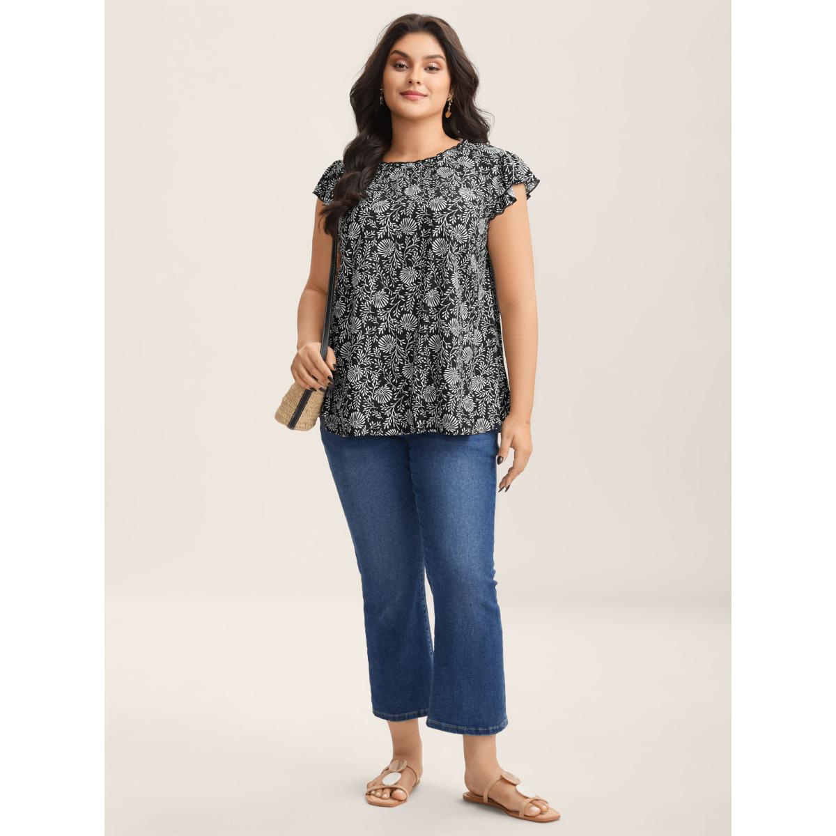 Plus Size Black Floral Print Ruffled Neck Blouse Women Cap Sleeve Mock Neck Vacation Blouses BloomChic 12/L Product Image