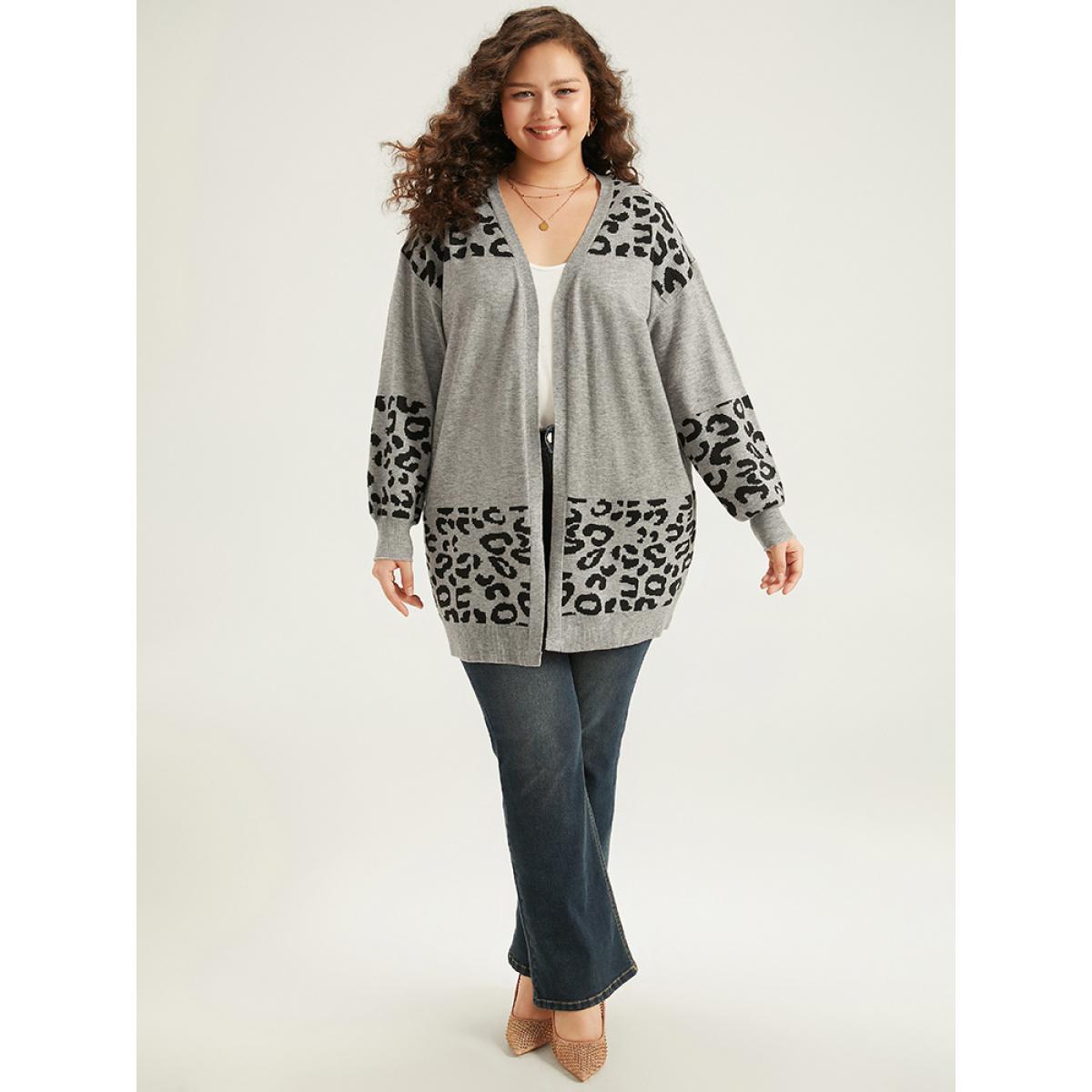 Plus Size Supersoft Essentials Leopard Contrast Elastic Cuffs Pullover DarkGray Women Casual Loose Long Sleeve Dailywear Cardigans BloomChic 28/5X Product Image