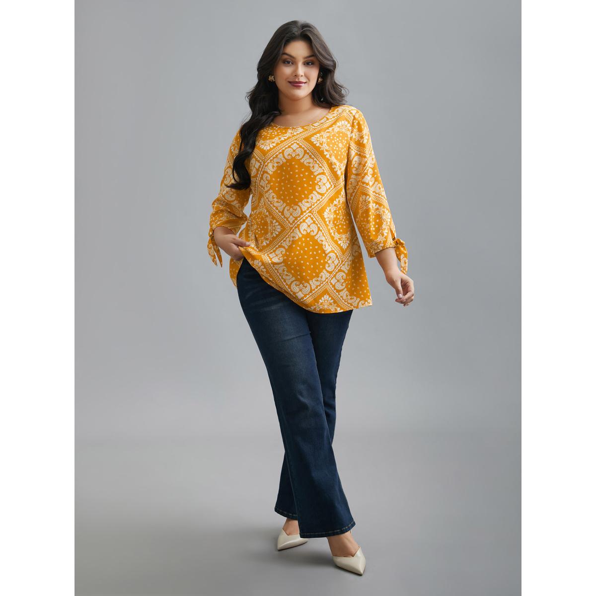 Plus Size Turmeric Round Neck Bandana Print Sleeve Tie Blouse Women Elegant Elbow-length sleeve Round Neck Everyday Blouses BloomChic 18-20/2X Product Image