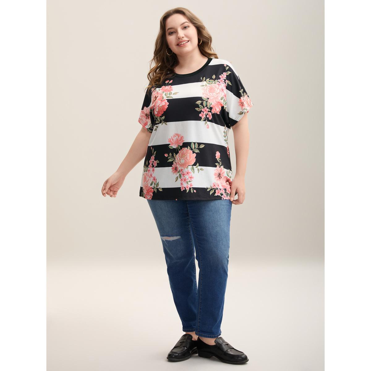 Plus Size Floral Stripes Print Stretchy T-Shirt Multicolor Women Casual Contrast Natural Flowers Round Neck Everyday T-shirts BloomChic 26/4X Product Image