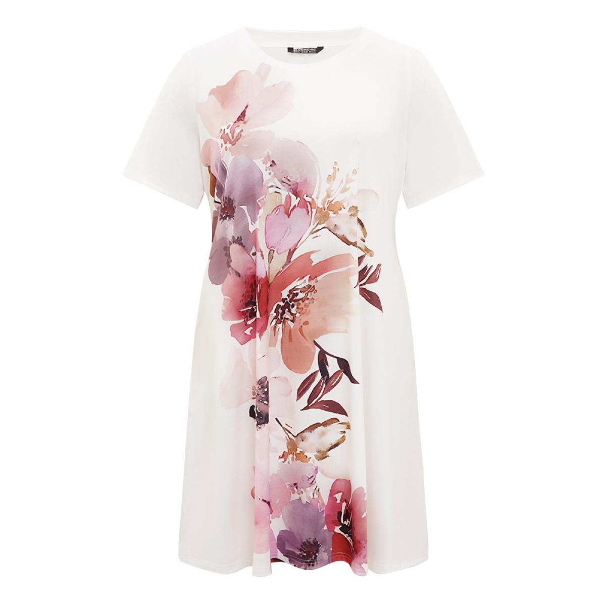 Plus Size Floral Print Pocket Contrast Midi Dress White Women Casual Pocket Round Neck Short sleeve Curvy Midi Dress BloomChic 12/L Product Image