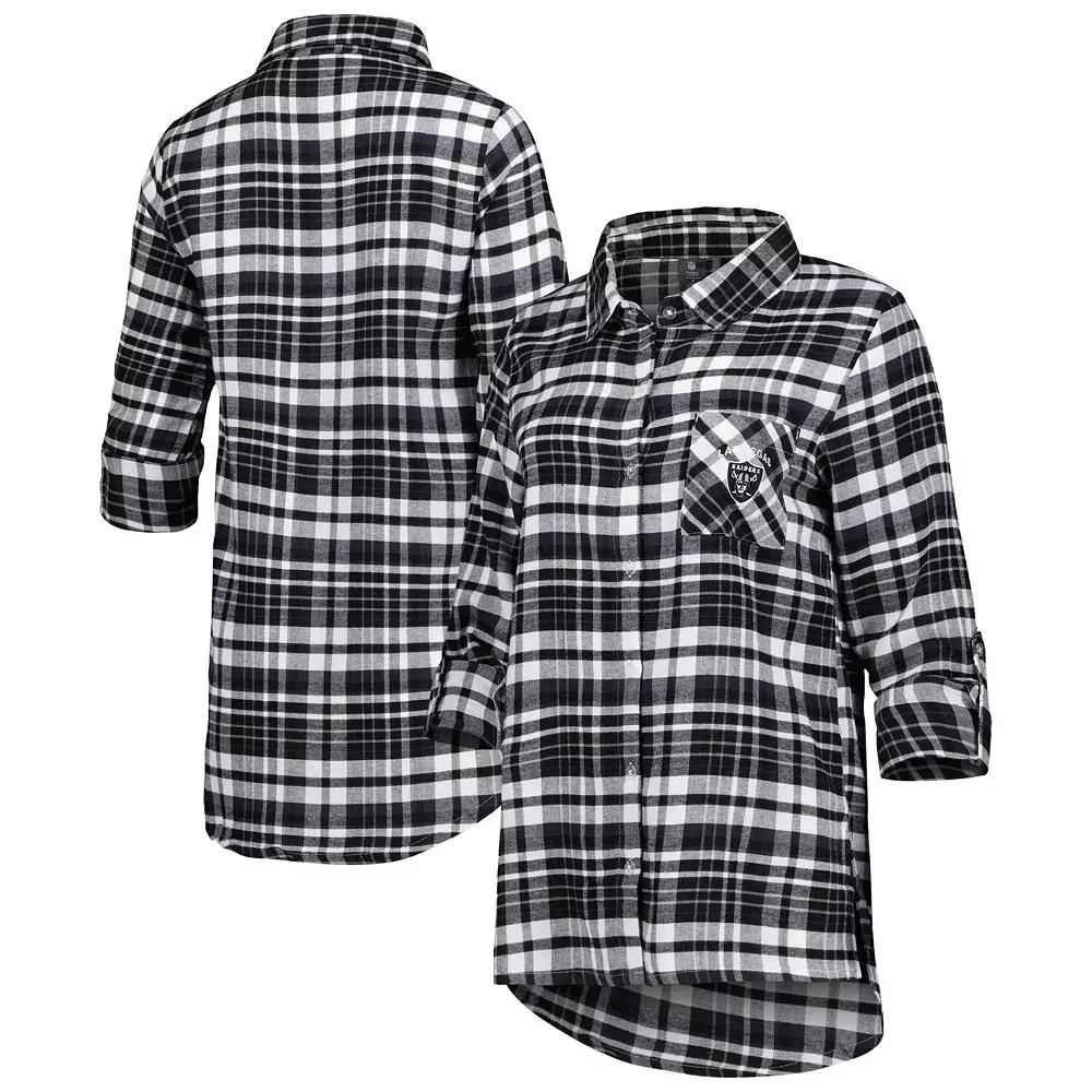 Women's Concepts Sport Black Las Vegas Raiders Mainstay Plaid Full-Button Long Sleeve Nightshirt, Size: 2XL, Lvr Black Product Image