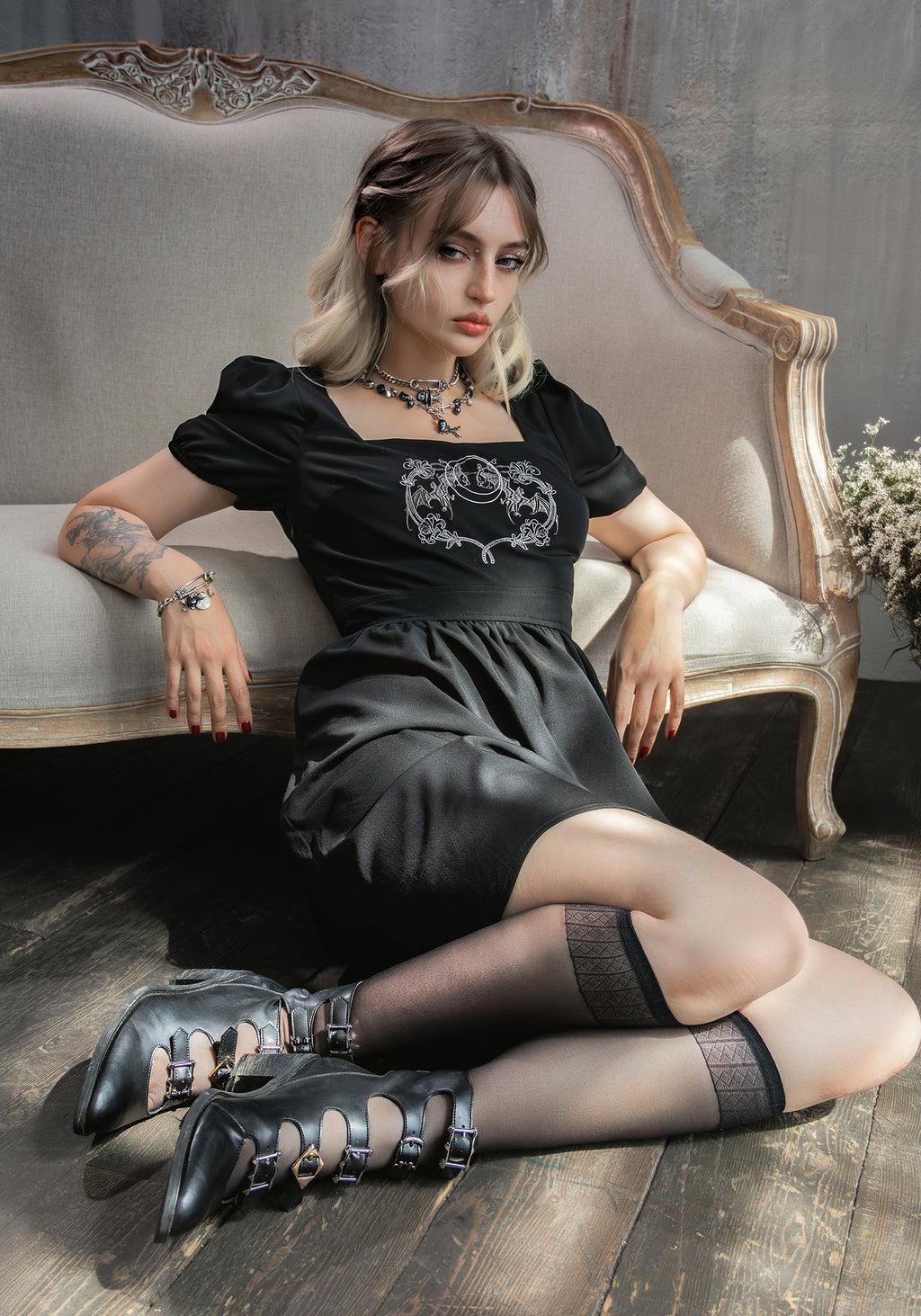 Vampyrum Bat Embroidered Puff Sleeve Mini Dress Product Image