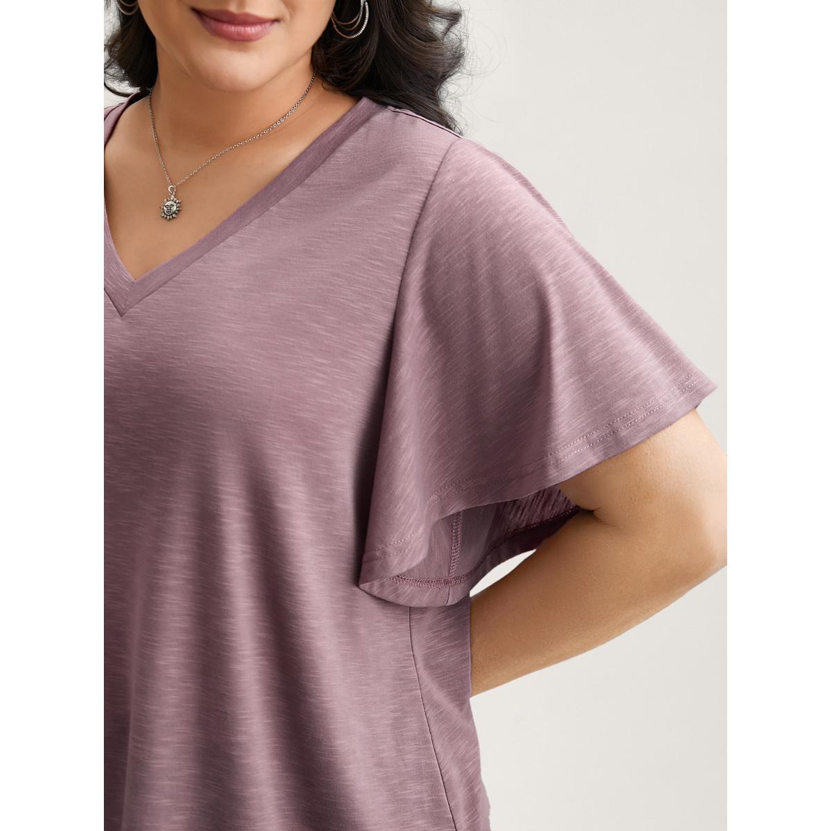 Plus Size V-Neck Stretchy Flared Sleeve T-Shirt DustyPink Women Leisure Ruffles V-neck Casual T-shirts BloomChic 10/M Product Image