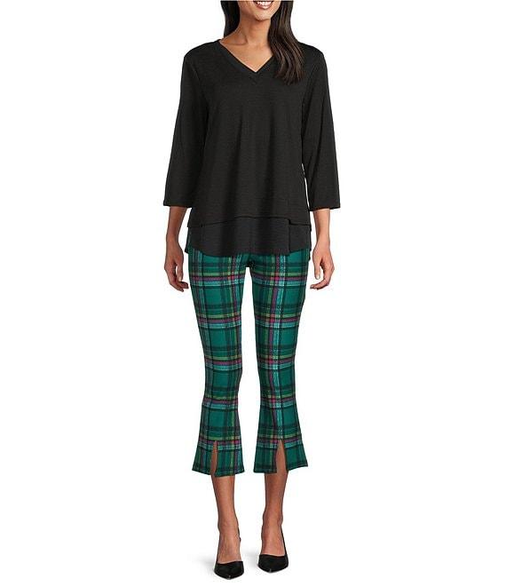 Slim Factor by Investments Ponte Knit Aventurine Plaid No Waist Kick Flare Crop Split Hem Pants Product Image