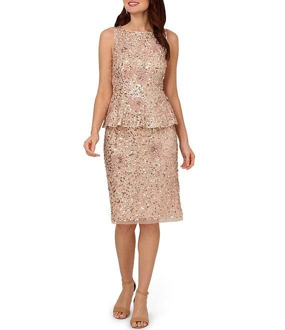 Adrianna Papell Boat Neck Beaded Mesh Peplum Dress Product Image