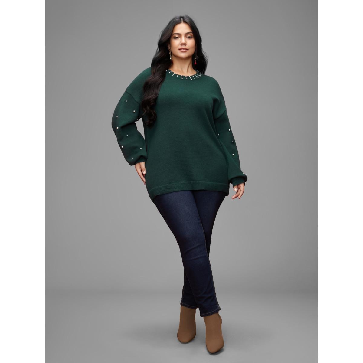 Plus Size Supersoft Essentials Beaded Neckline Drop-Shoulder Pullover DarkGreen Women Casual Loose Long Sleeve Round Neck Everyday Pullovers BloomChic 22-24/3X Product Image
