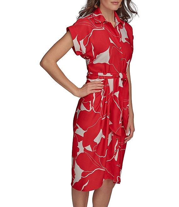 Donna Karan Floral Print Short Sleeve Crepe Shirt Dress Product Image