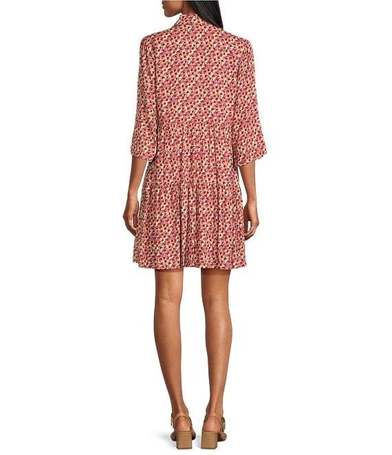 Nurture by Westbound Y-Neckline Embroidered Floral Button Front Roll Sleeve Tiered Short Dress Product Image